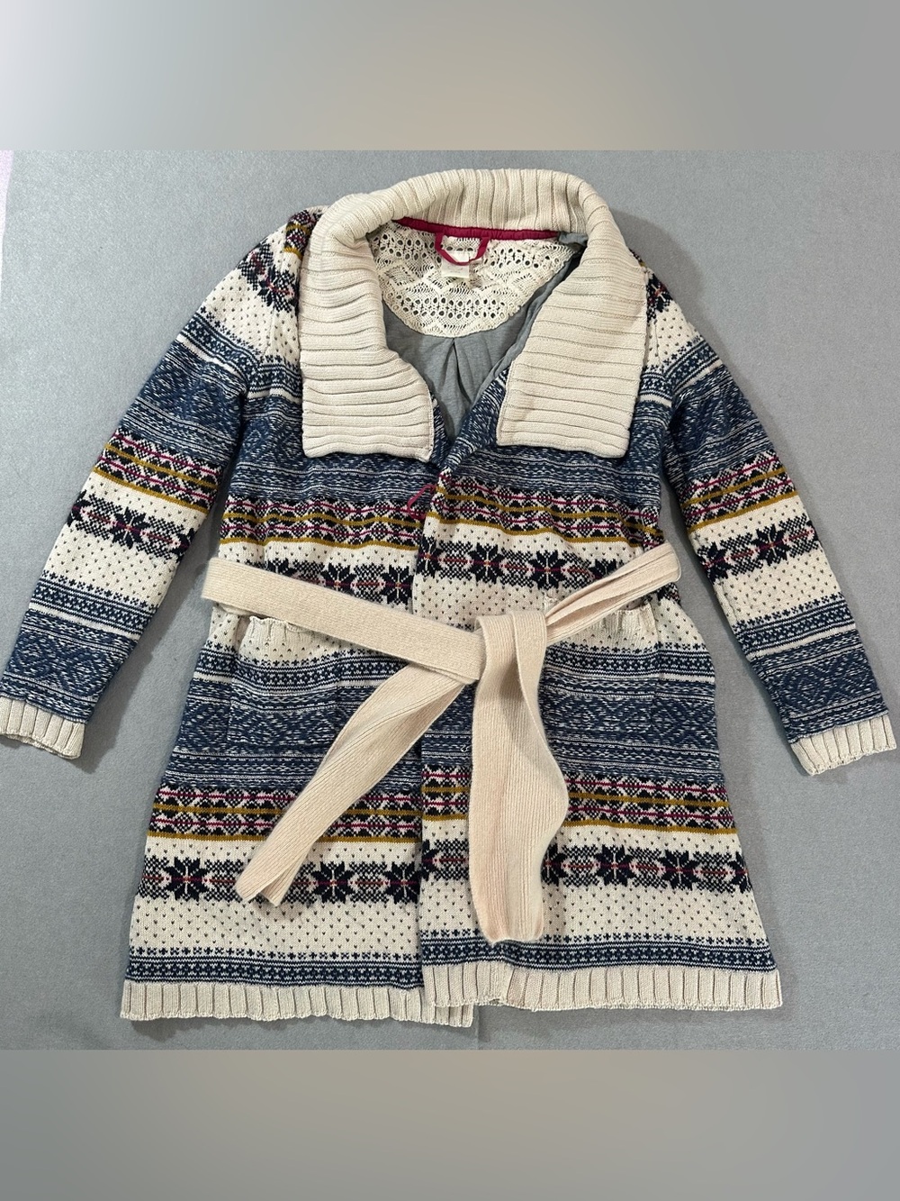 Anthropologie Girls' Fair Isle Knit Belted Coatigan - Ivory, Navy & Yellow